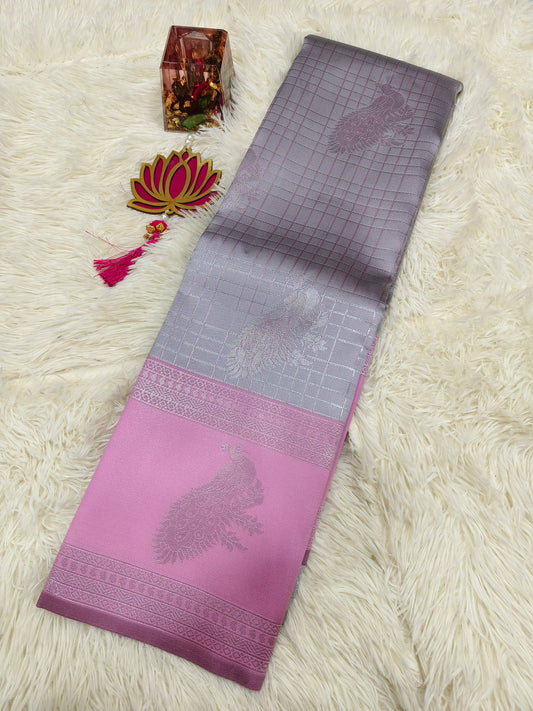 Grey with pink Mercidised silk saree