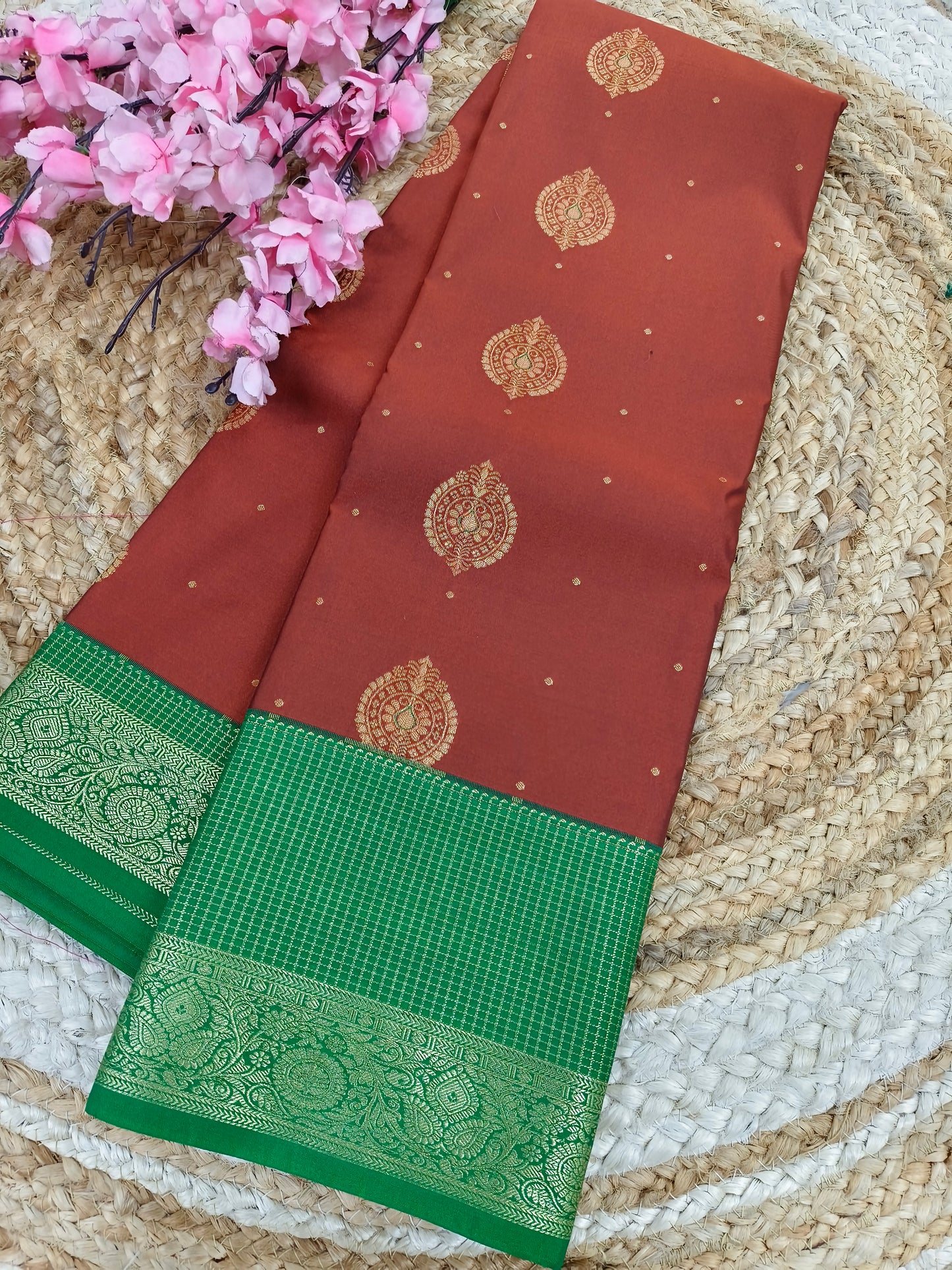 Maroon with bottle green Elegant semi kanjivaram silk saree