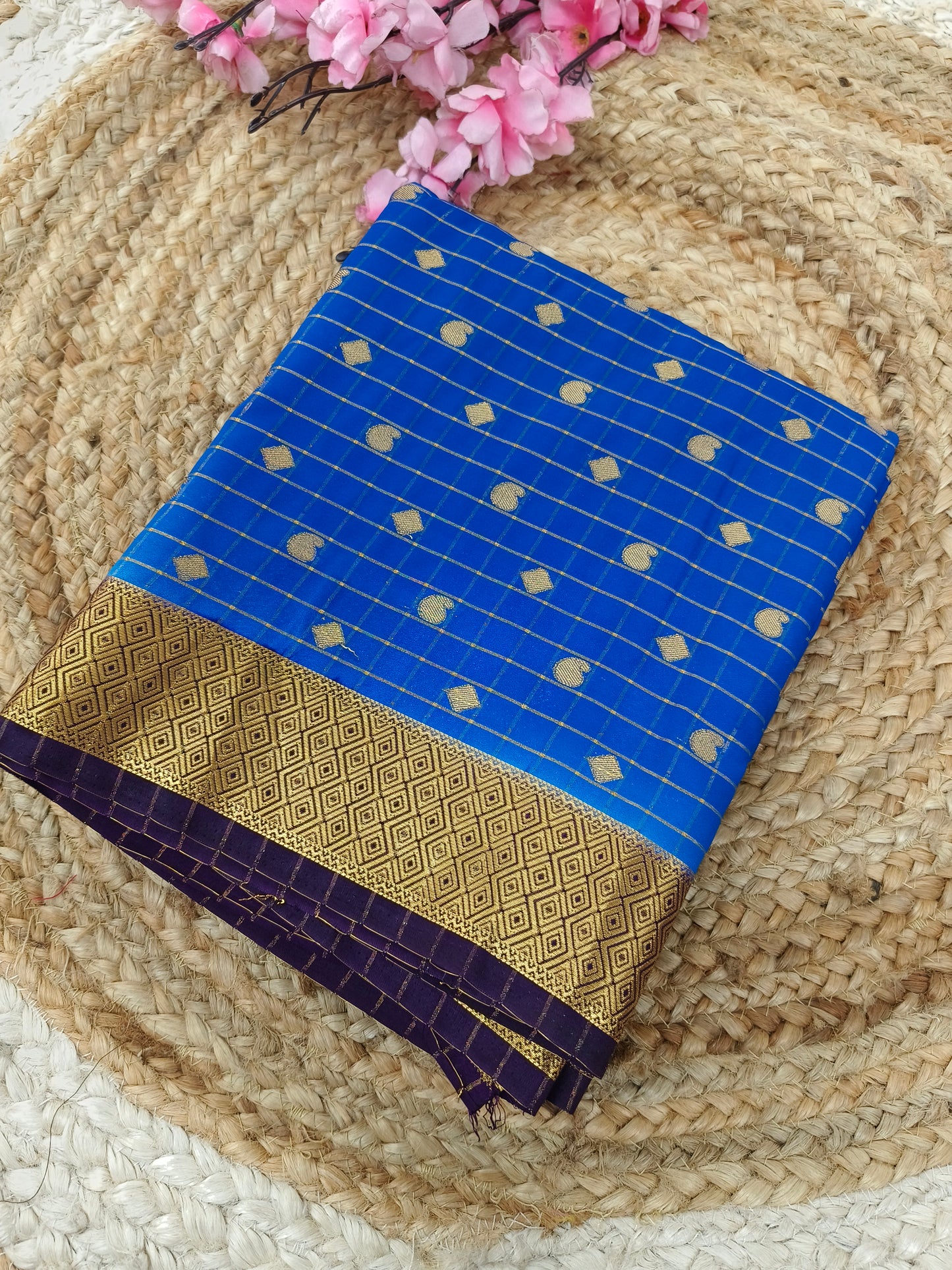 Blue with Navy blue Semi Mysore silk