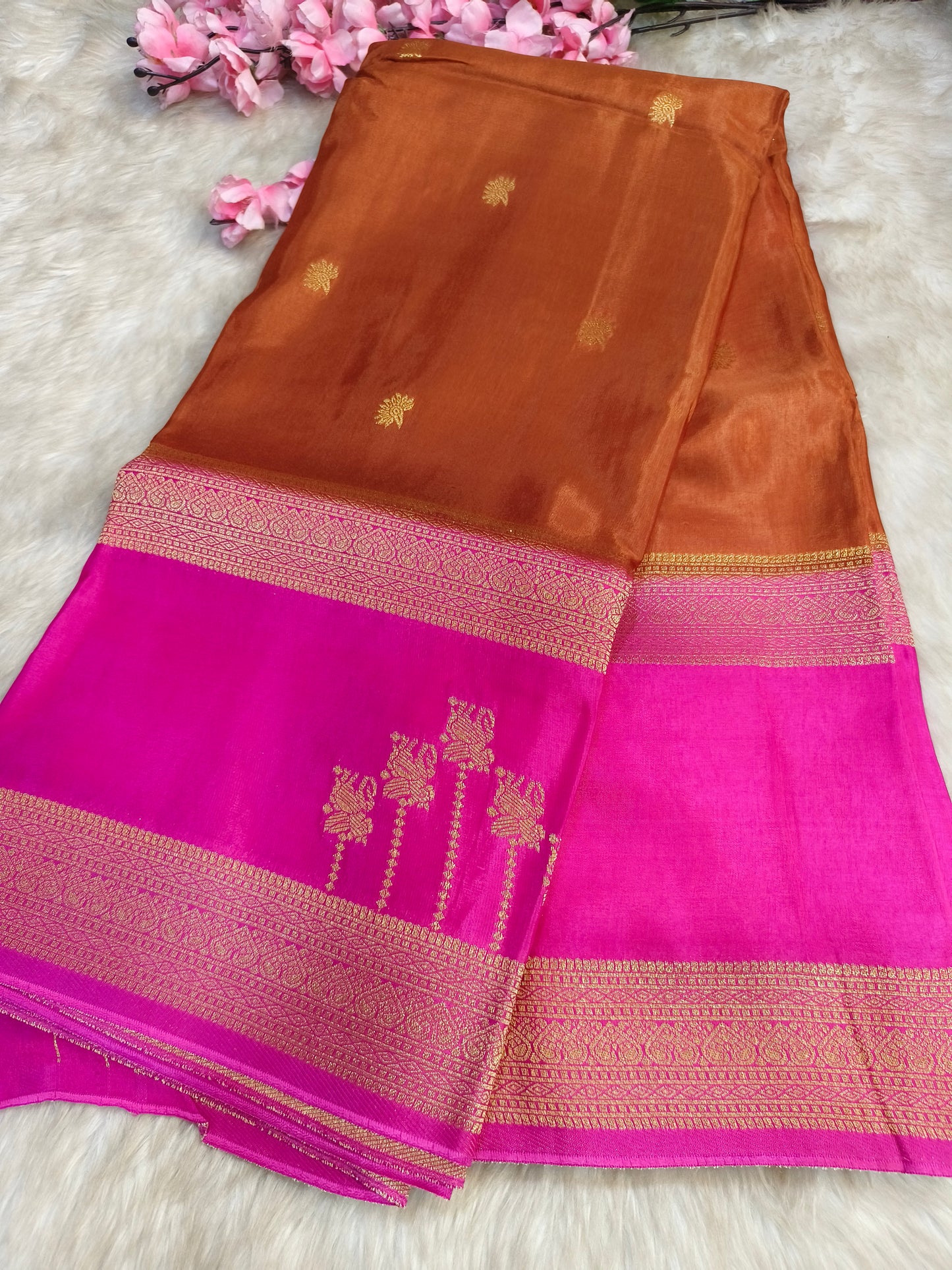 Honey Colour with Pink Munga silk saree