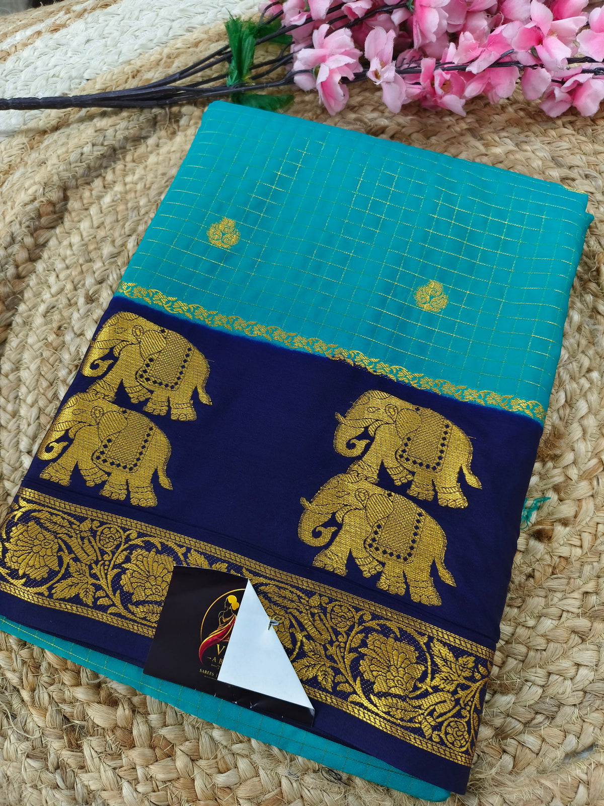 Sky blue with blue Semi Mysore silk saree