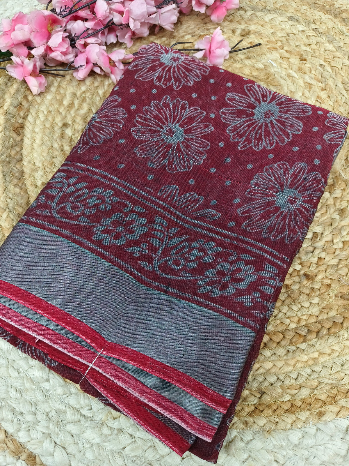 Pink - Black Lenin Cotton saree