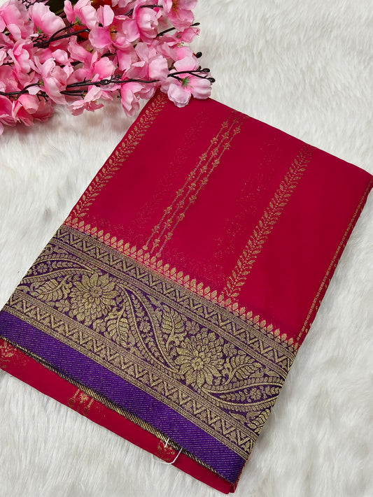 Pink with Purple semi Mysore crepe silk saree
