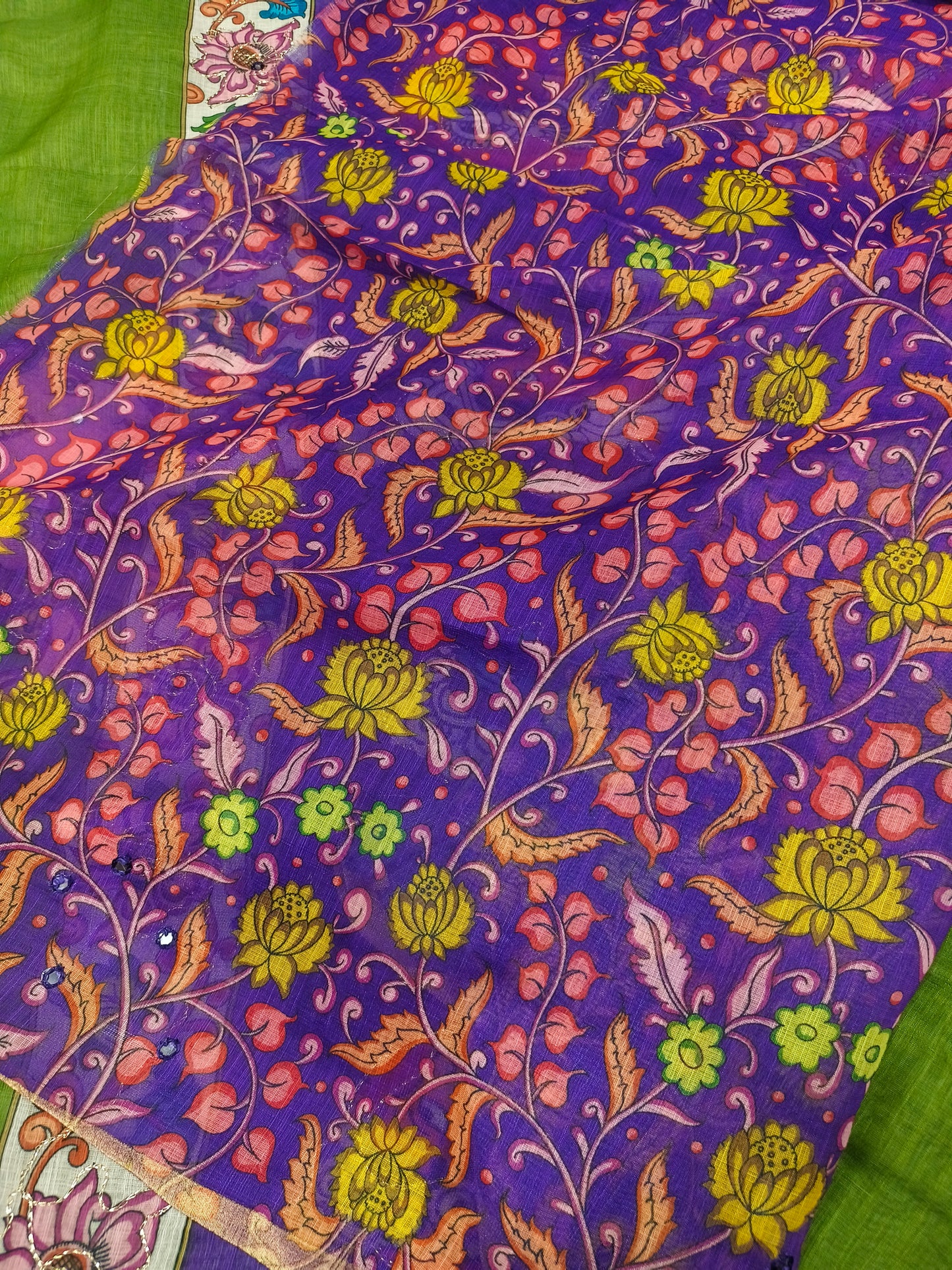Purple with Green Linen cotton Kalamkari saree