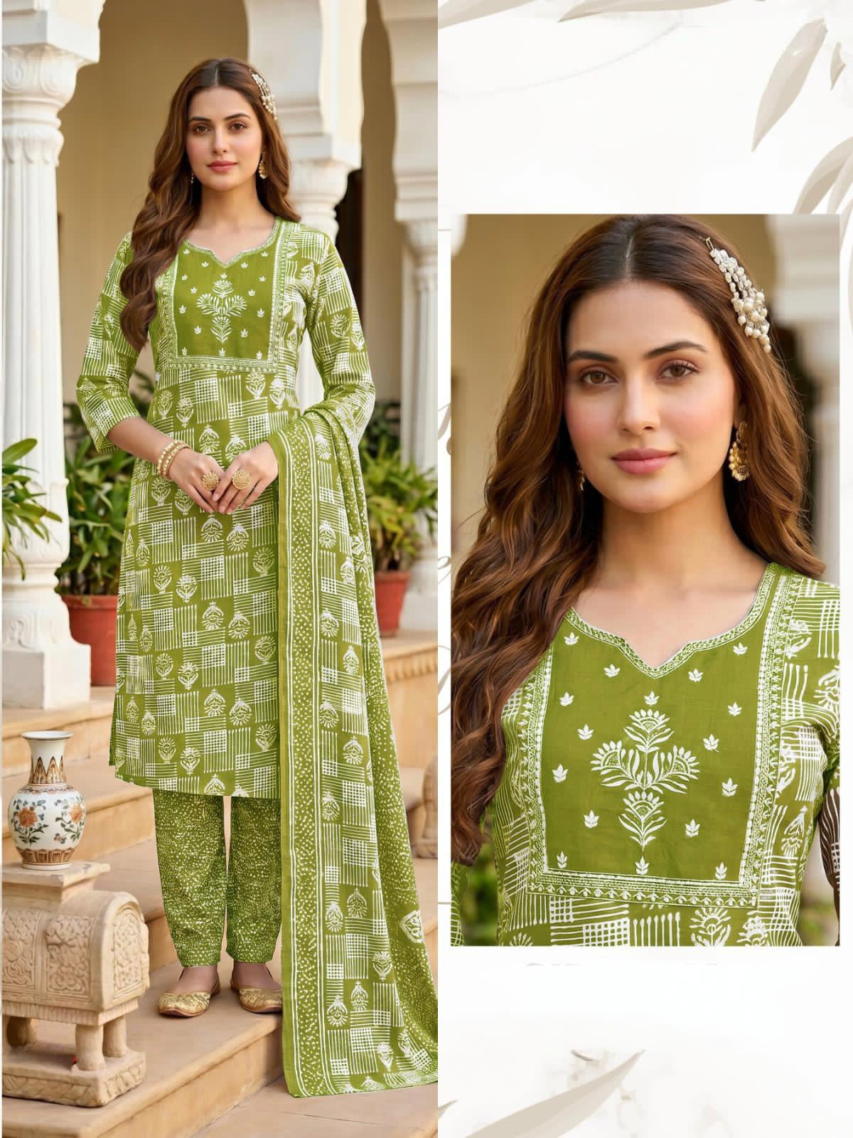 Yellowish green cotton sets with duppata