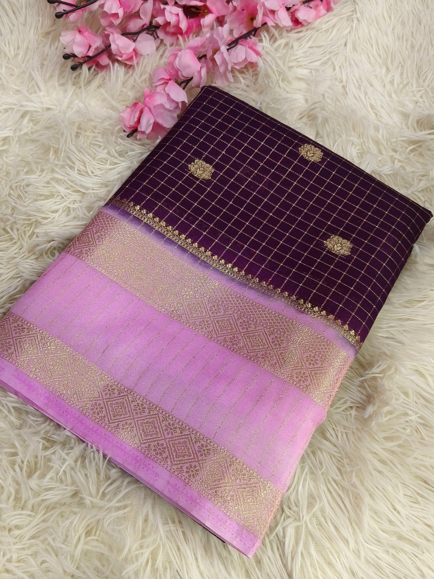 Wine with baby Pink semi Mysore crepe Silk saree