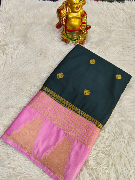 Green With Pink semi Mysore crepe silk saree