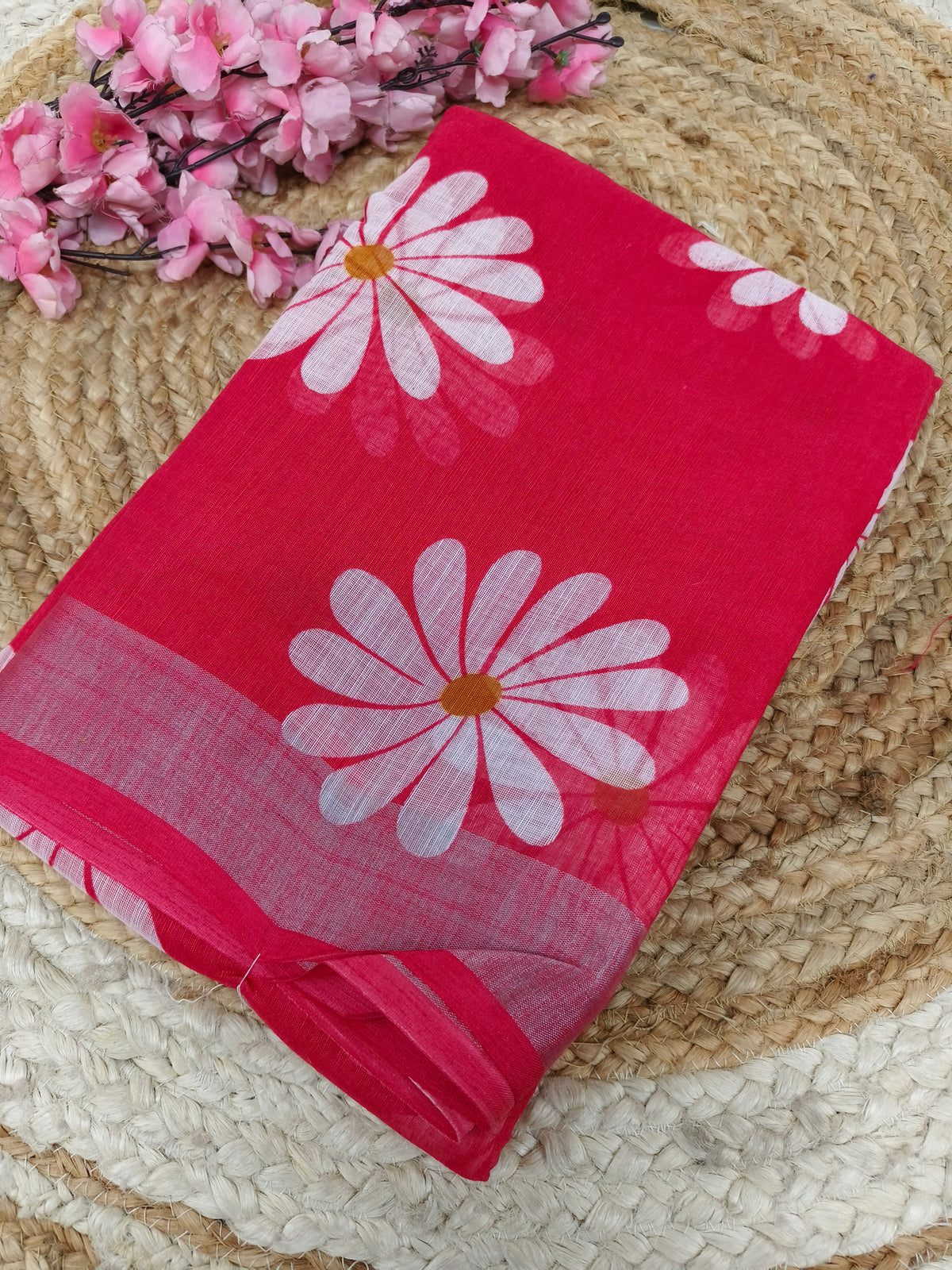 Rani Pink green Lenin Cotton saree