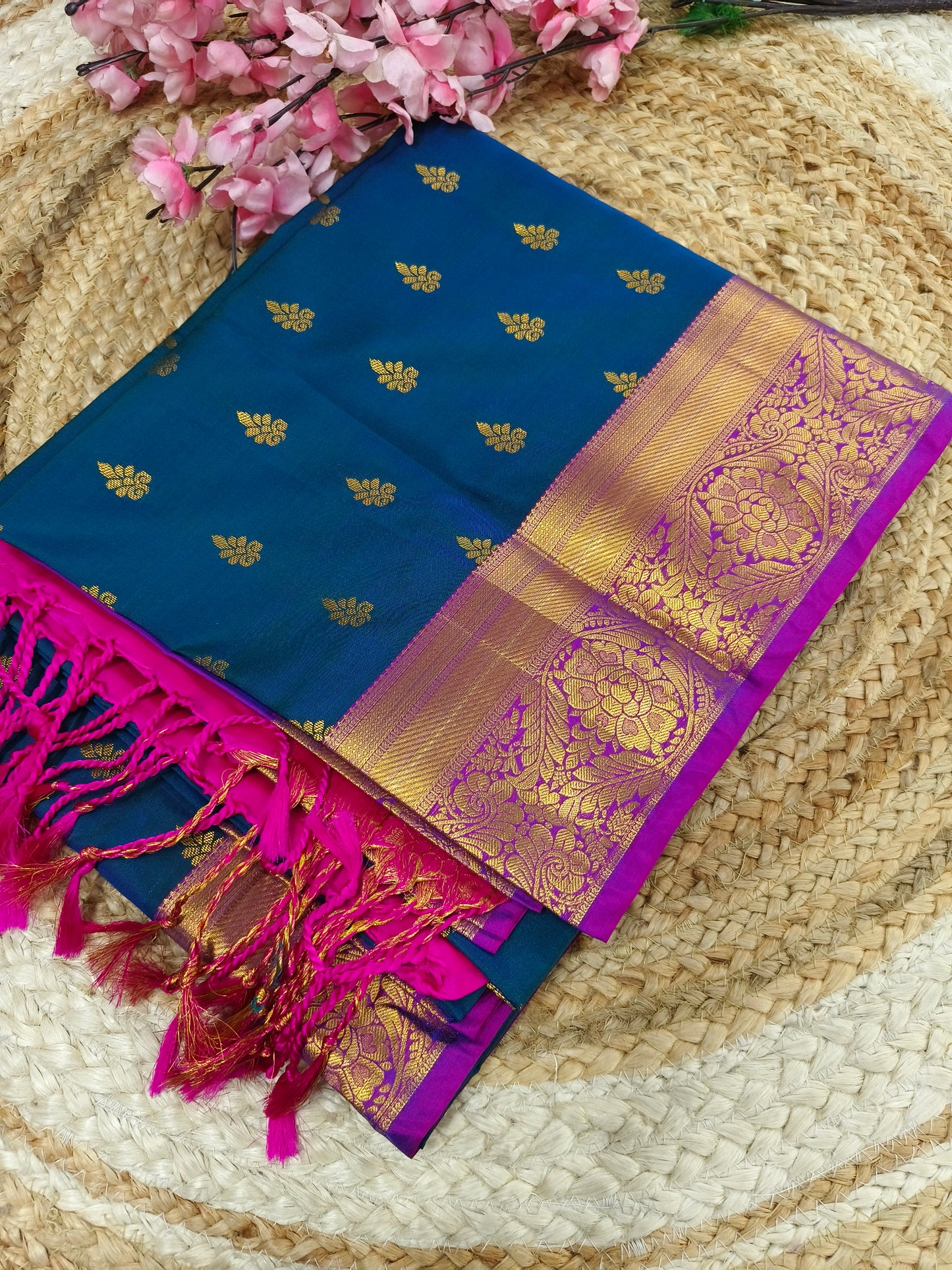 Navy Blue With Pink Elegant soft semi kanjivaram silk saree
