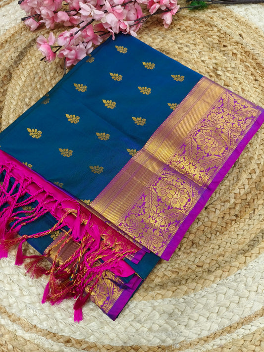 Navy Blue With Pink Elegant soft semi kanjivaram silk saree