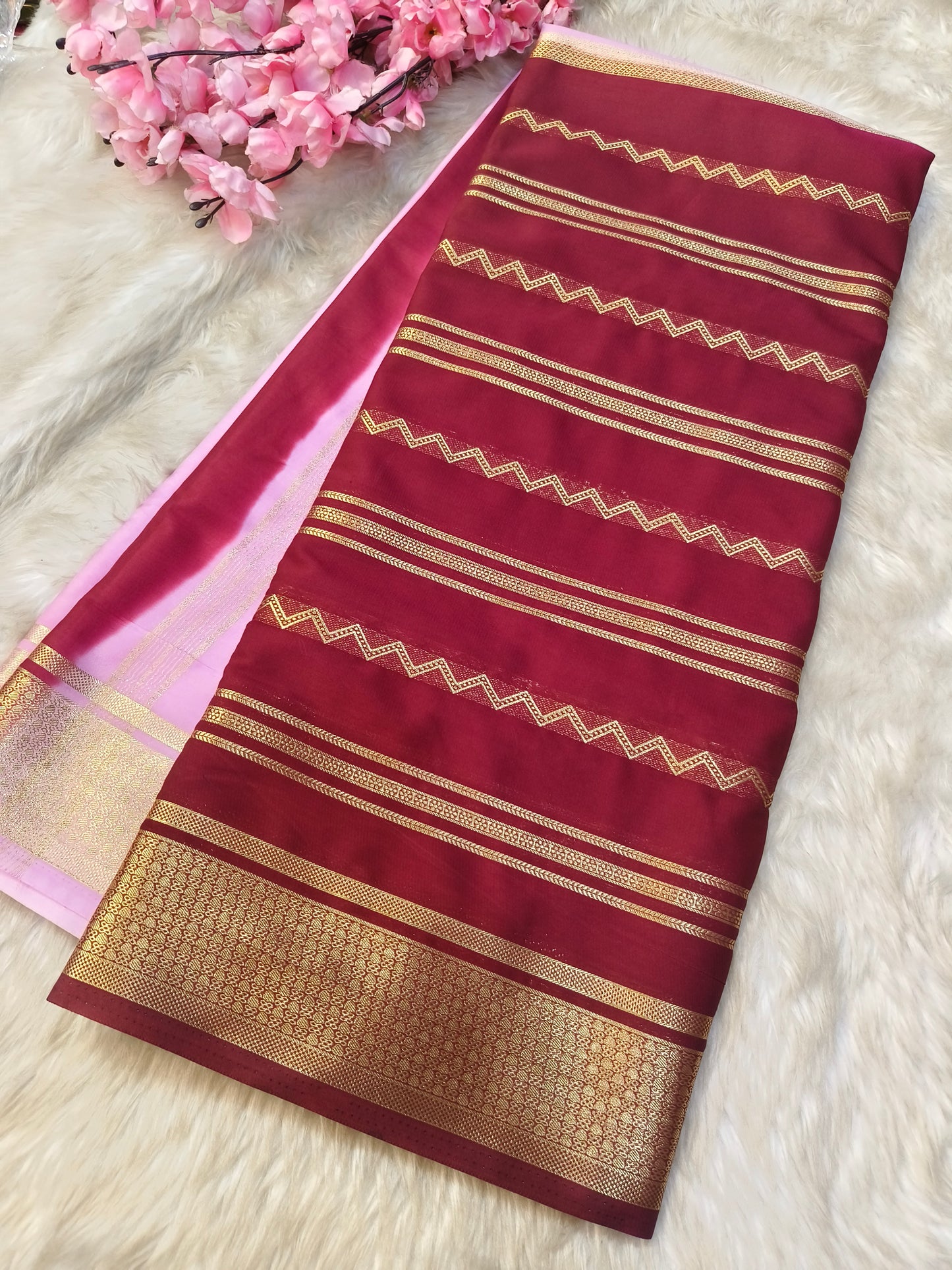 Light pink with maroon semi Mysore crepe silk saree