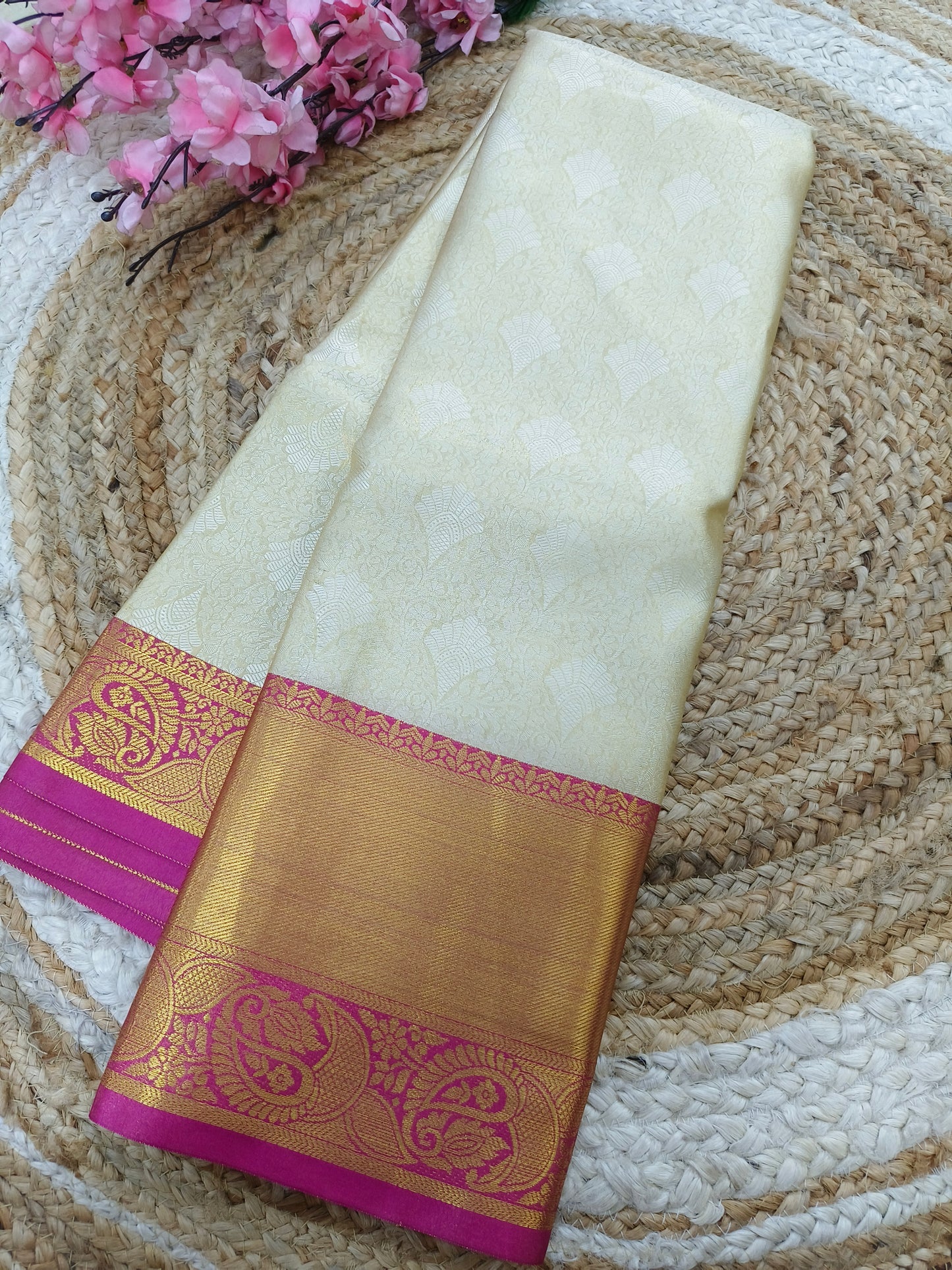 Light Gold With Rani Pink soft silk saree