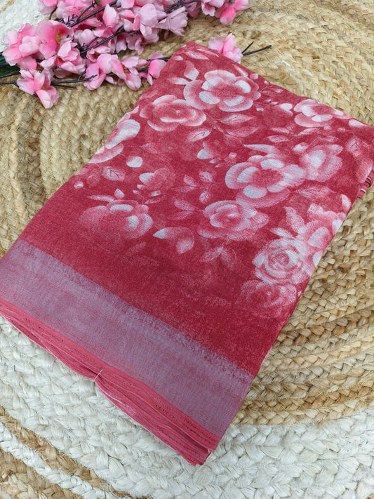 Peach Lenin Cotton saree