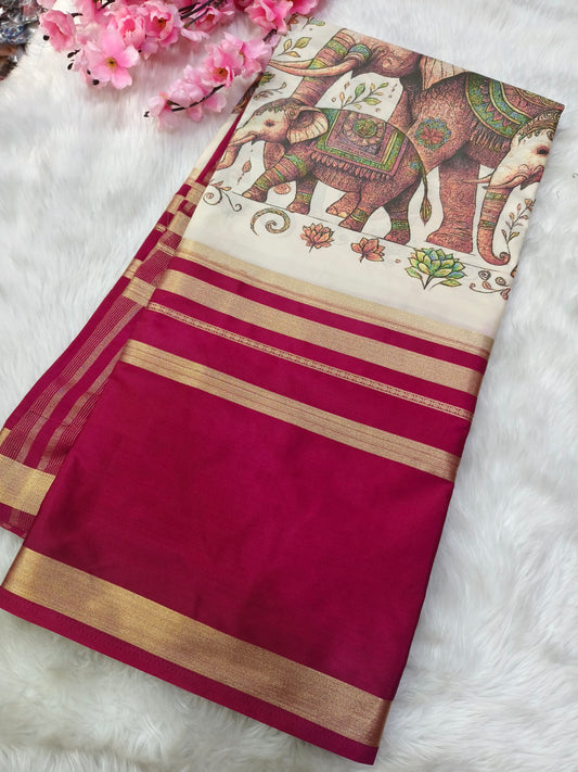 Light Wine elephant Digital printed semi Mysore crepe silk saree
