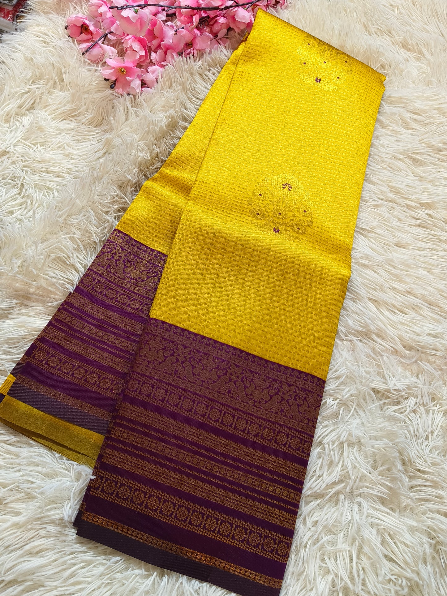Yellow With Wine Semi Kanchi Pattu silk saree