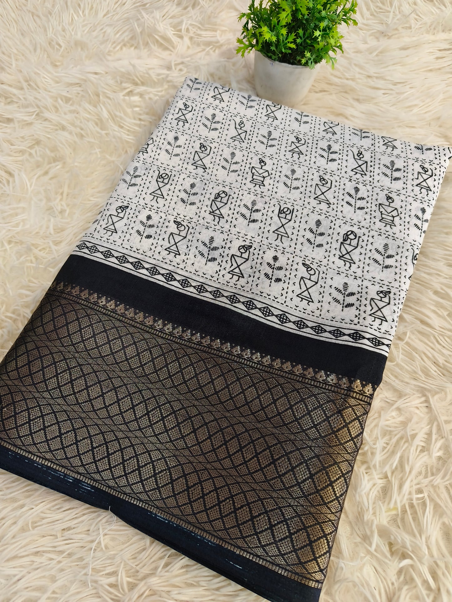White&black dola silk Saree