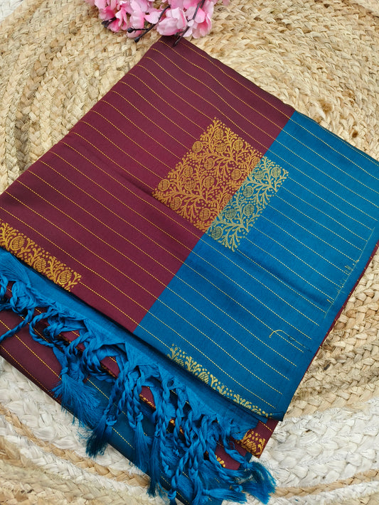 Maroon with Blue Elegant soft semi kanjivaram silk saree