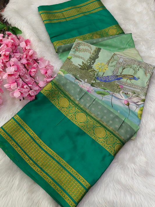 Rama Green Digital printed semi Mysore crepe silk saree