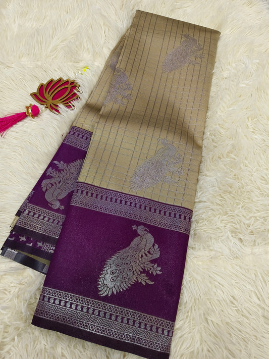 Ivory with wine Mercidised silk saree