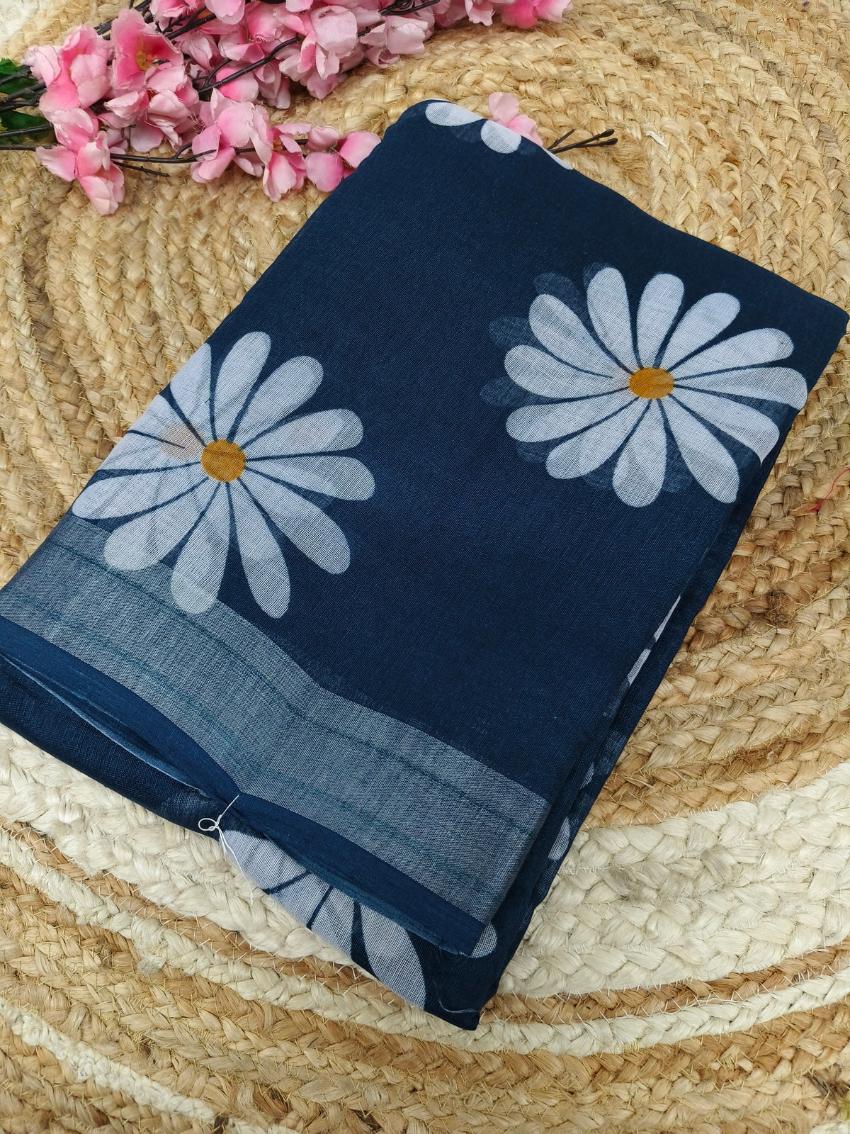 Blue Lenin Cotton saree