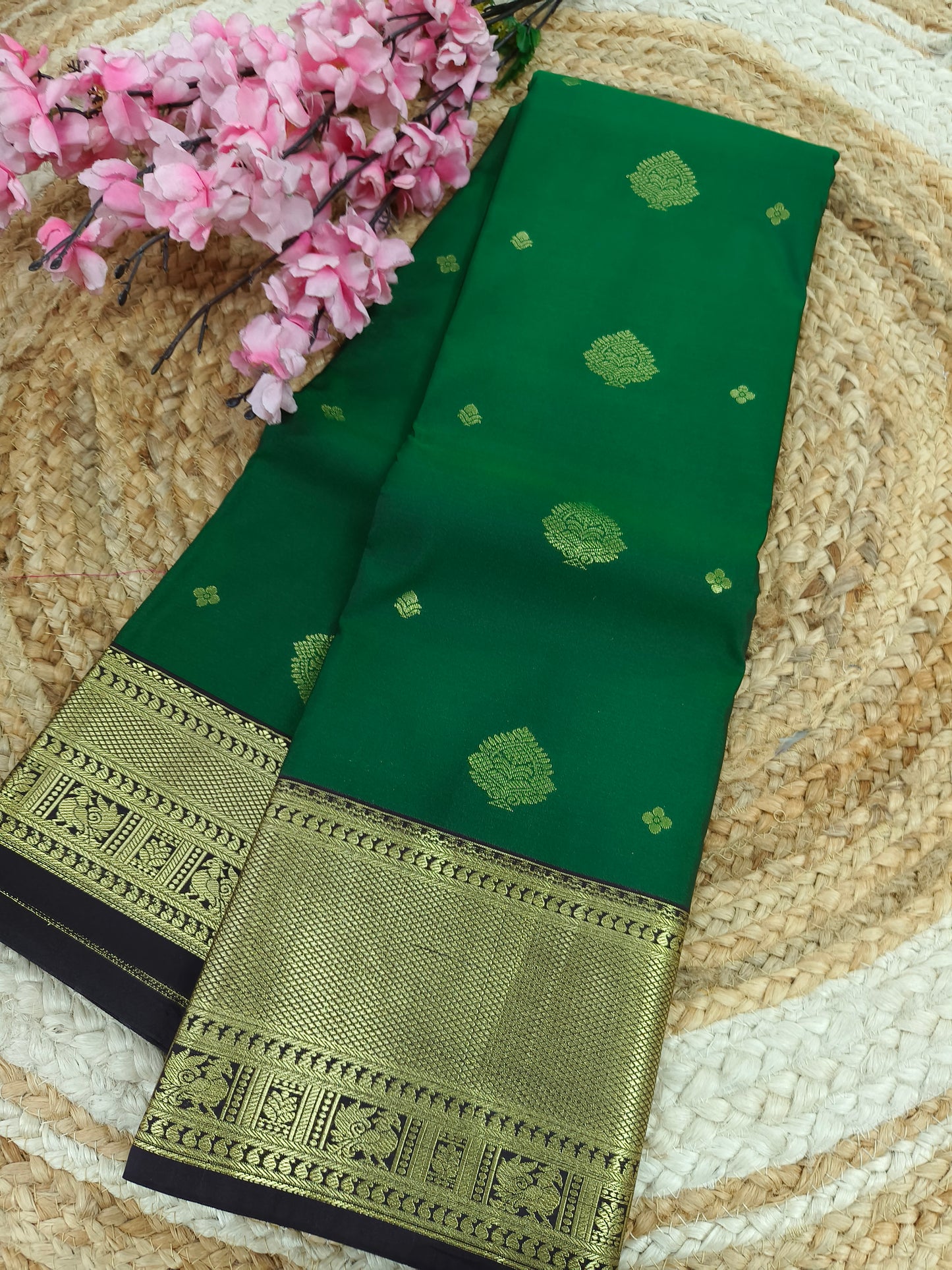 Bottle green with black Elegant semi kanjivaram silk saree