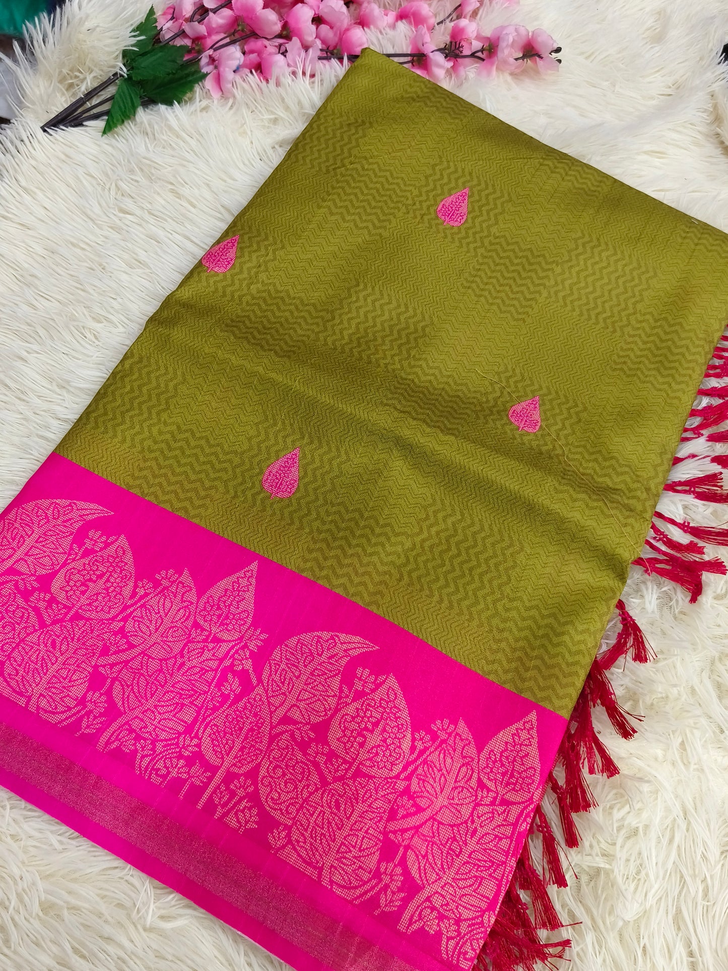 Green With Pink Tussar silk saree