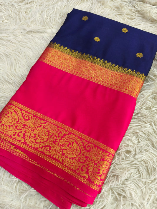 Navy Blue With Pink Semi Mysore crepe silk saree