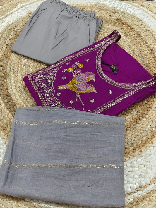 Purple with grey designer suit