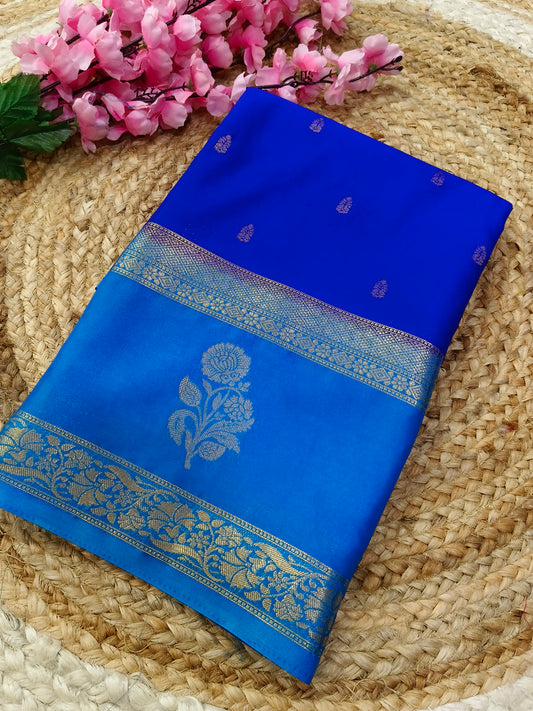 Royal Blue with Sky Blue semi Mysore crepe silk saree