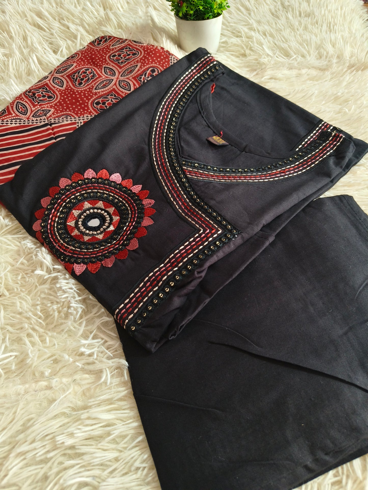 Black  cotton straight cut Suit