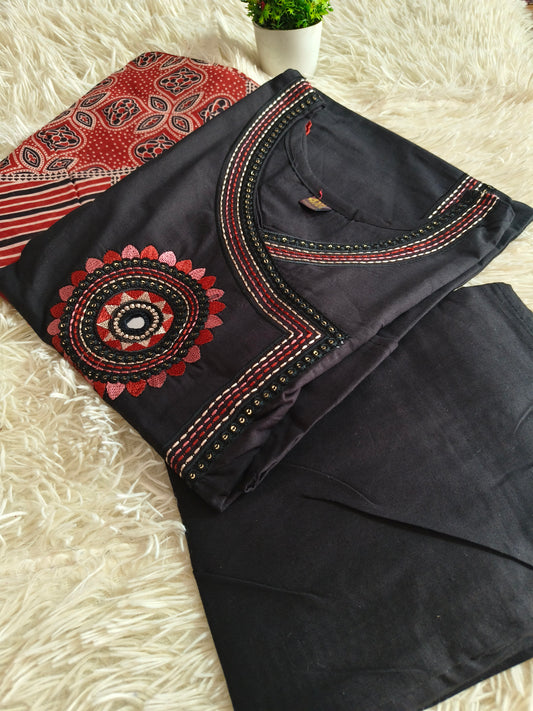 Black  cotton straight cut Suit