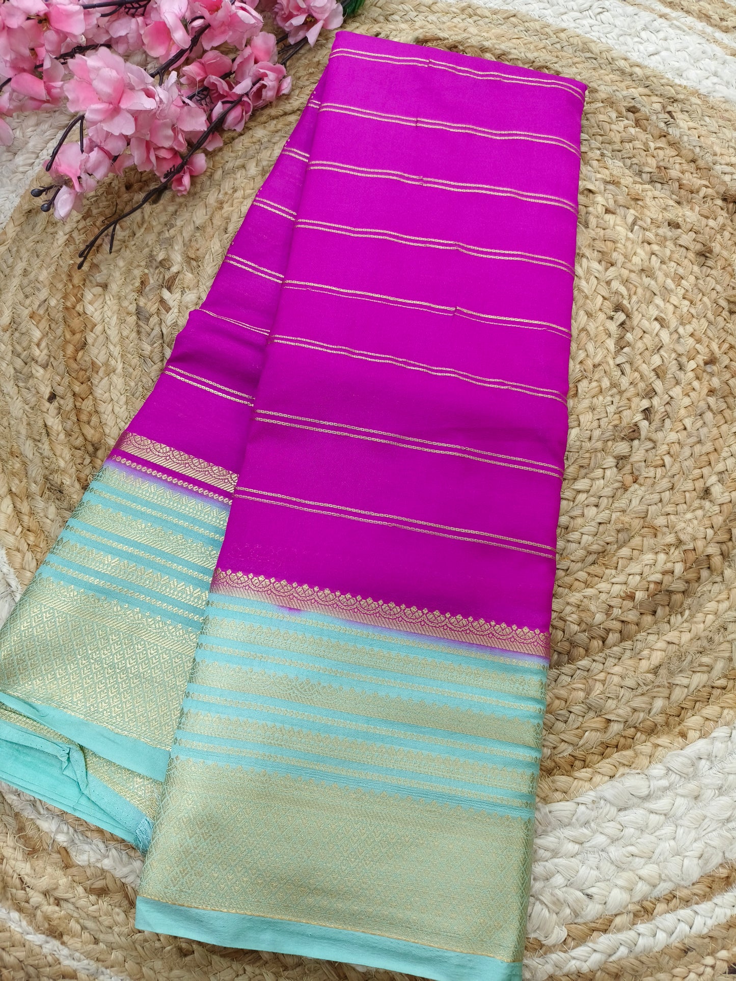 Pink with Light Blue Semi Mysore silk