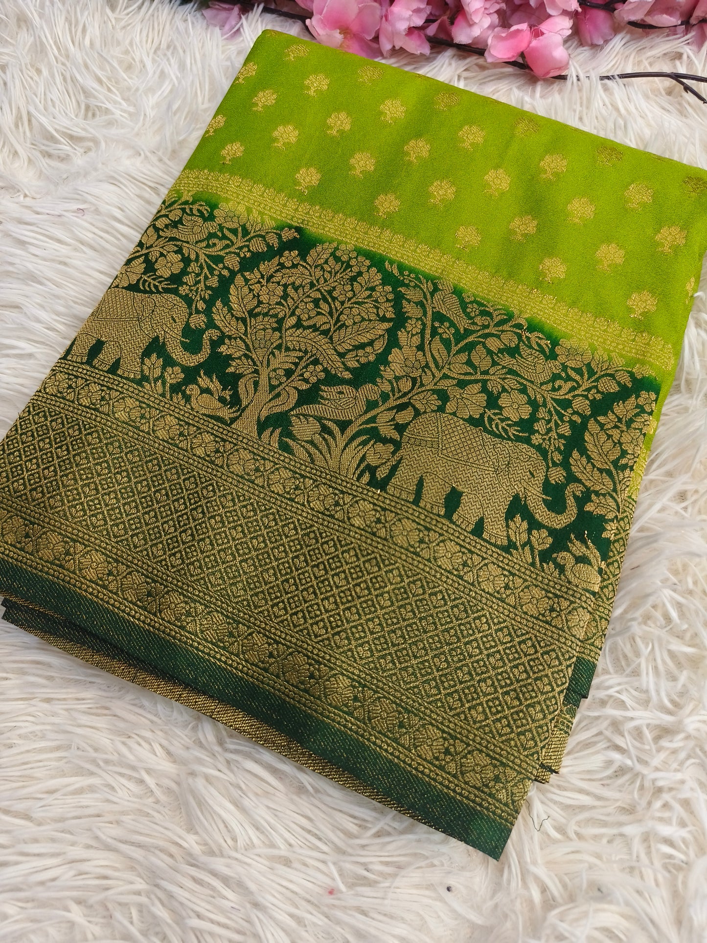 Parrot green with bottle green Banarasi georgette silk saree