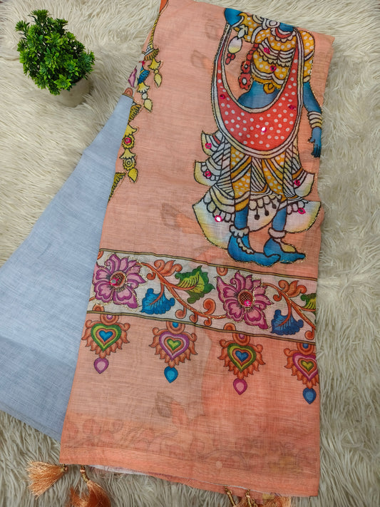 Blue with Peach Linen cotton Kalamkari saree