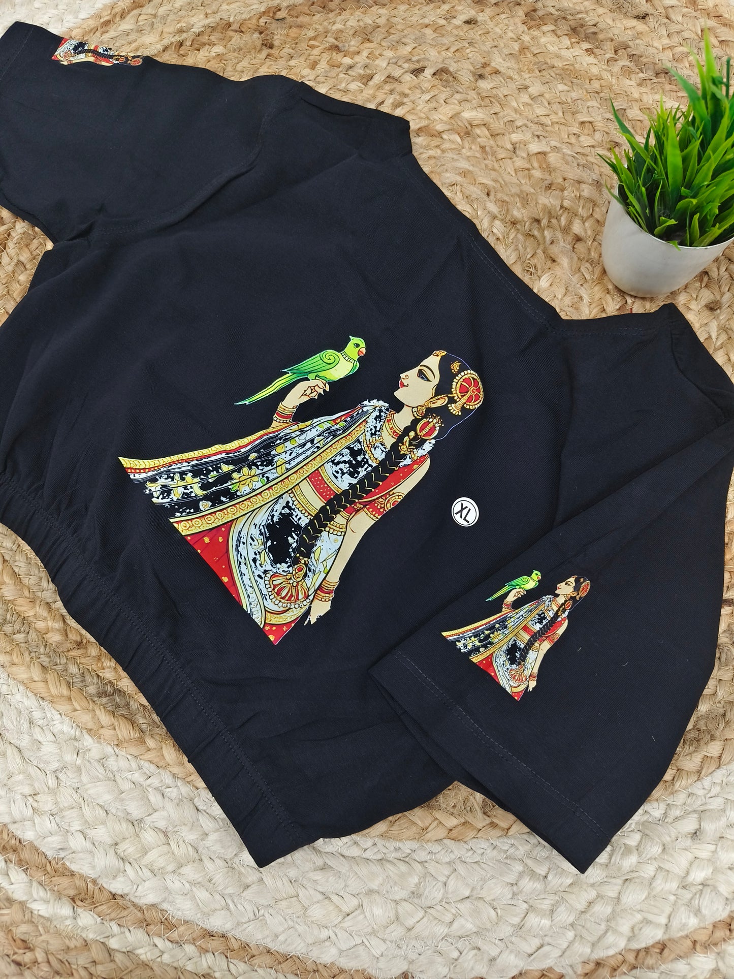 Black Stretchable blouse with unique printed design