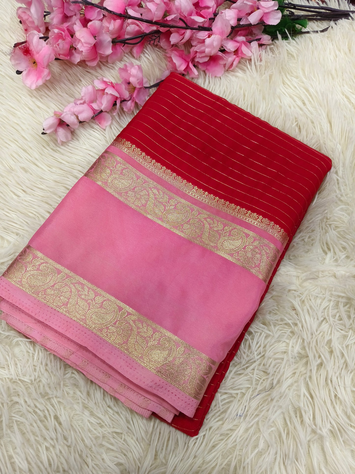Red With Pink semi Mysore crepe silk