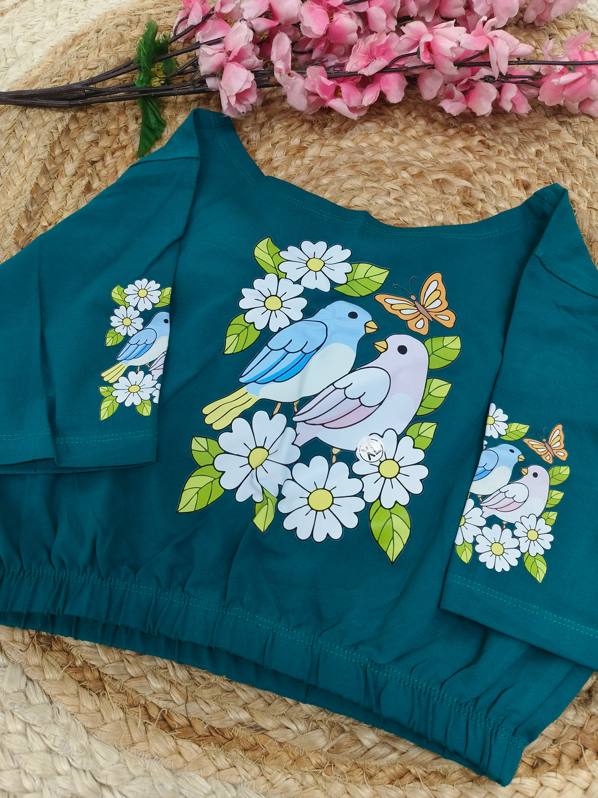 Teal blue Stretchable blouse with unique printed design