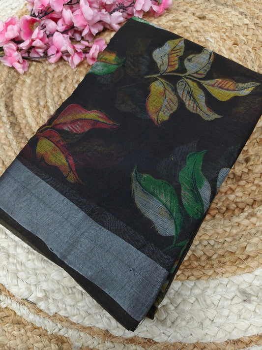 Black  - Black Lenin Cotton saree