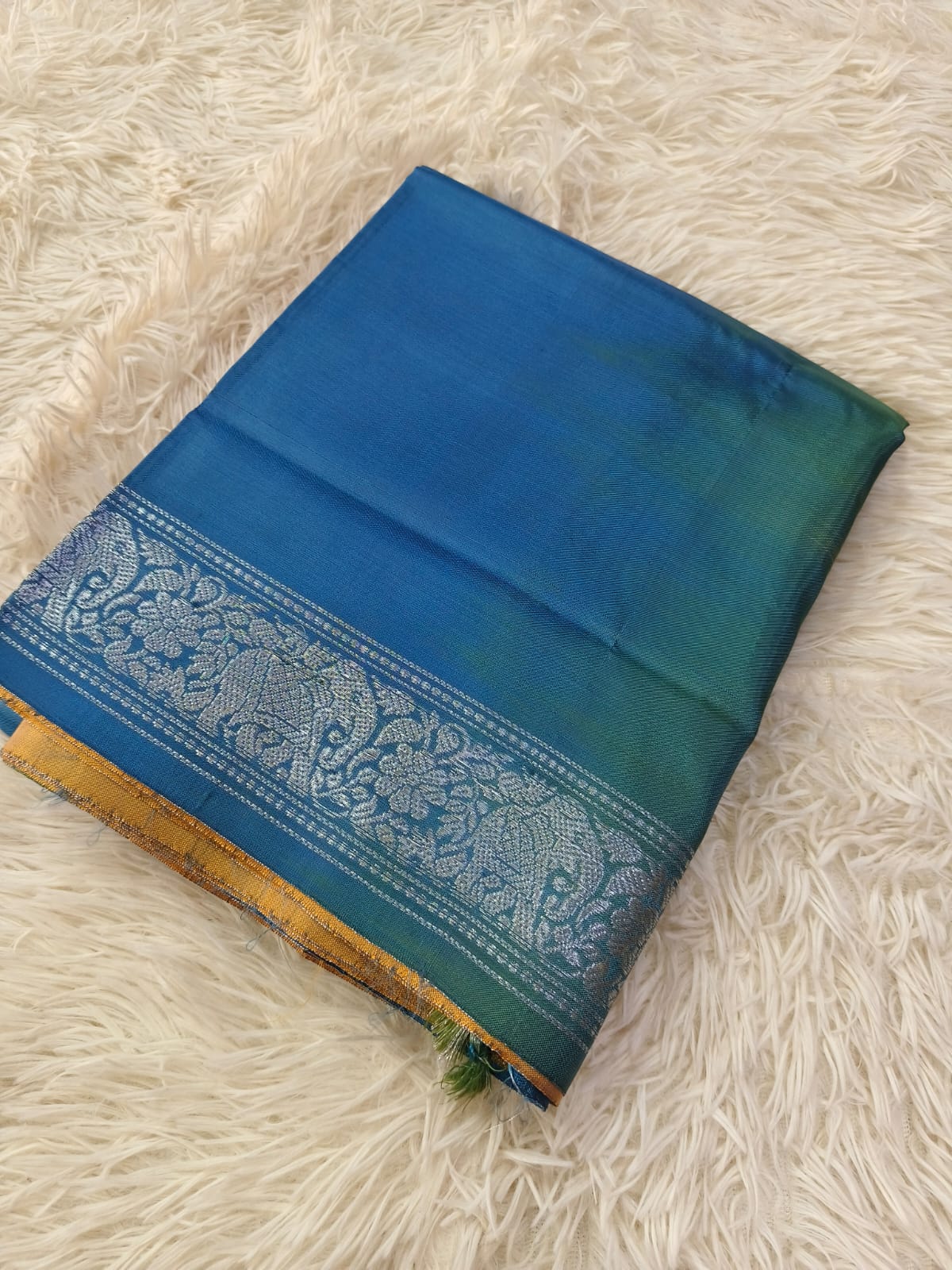 Peacock Blue Banana Pith Saree without Blouse