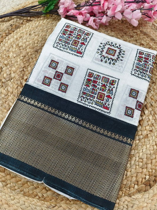 White with black Dola Silk Saree