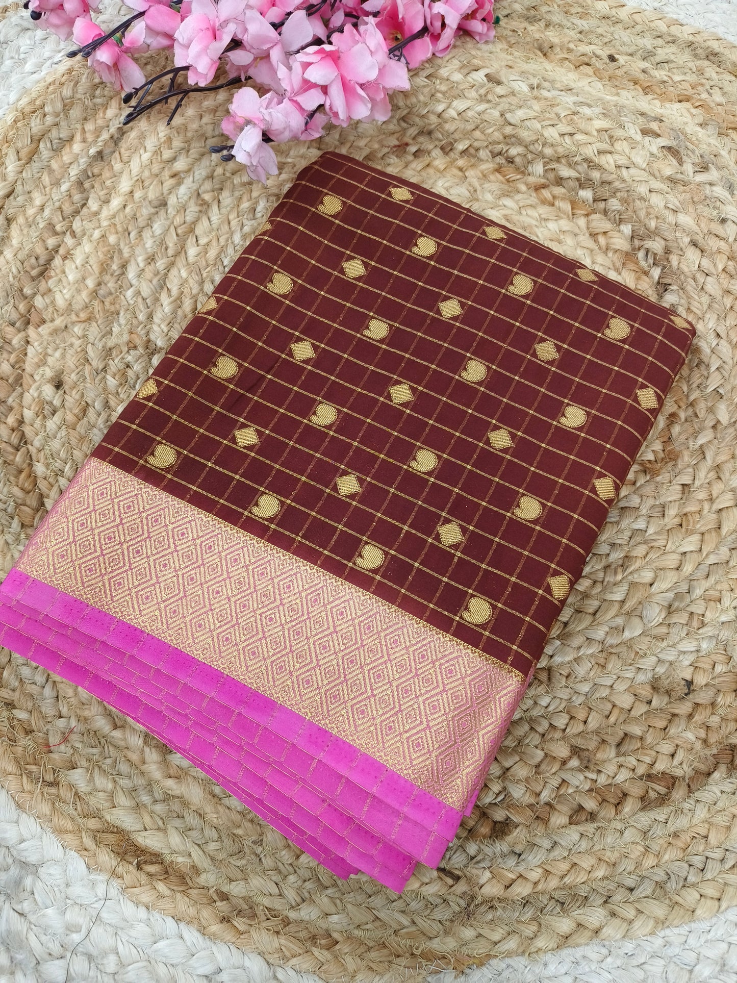 Brown with Rose Pink Semi Mysore silk