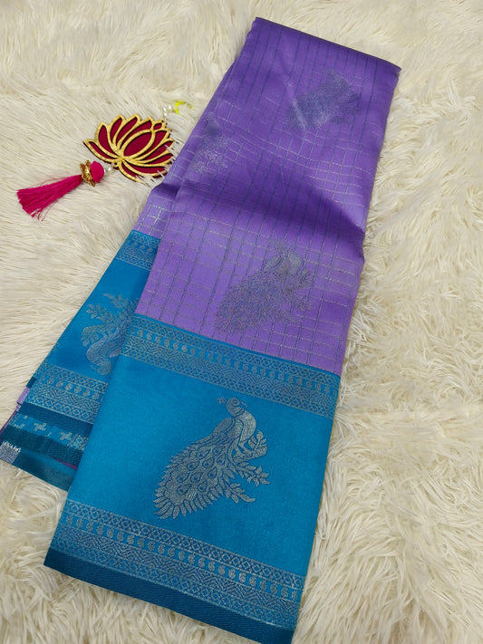 Lavender with aquablue Mercidised silk saree