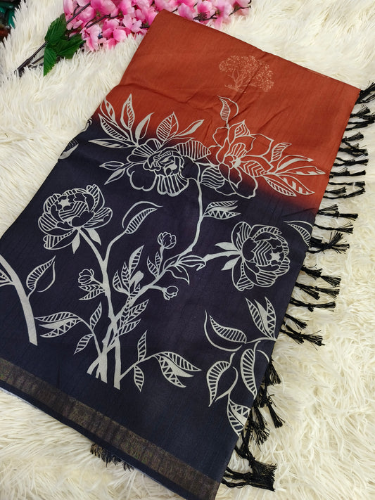 Orange with Black Tussar silk saree