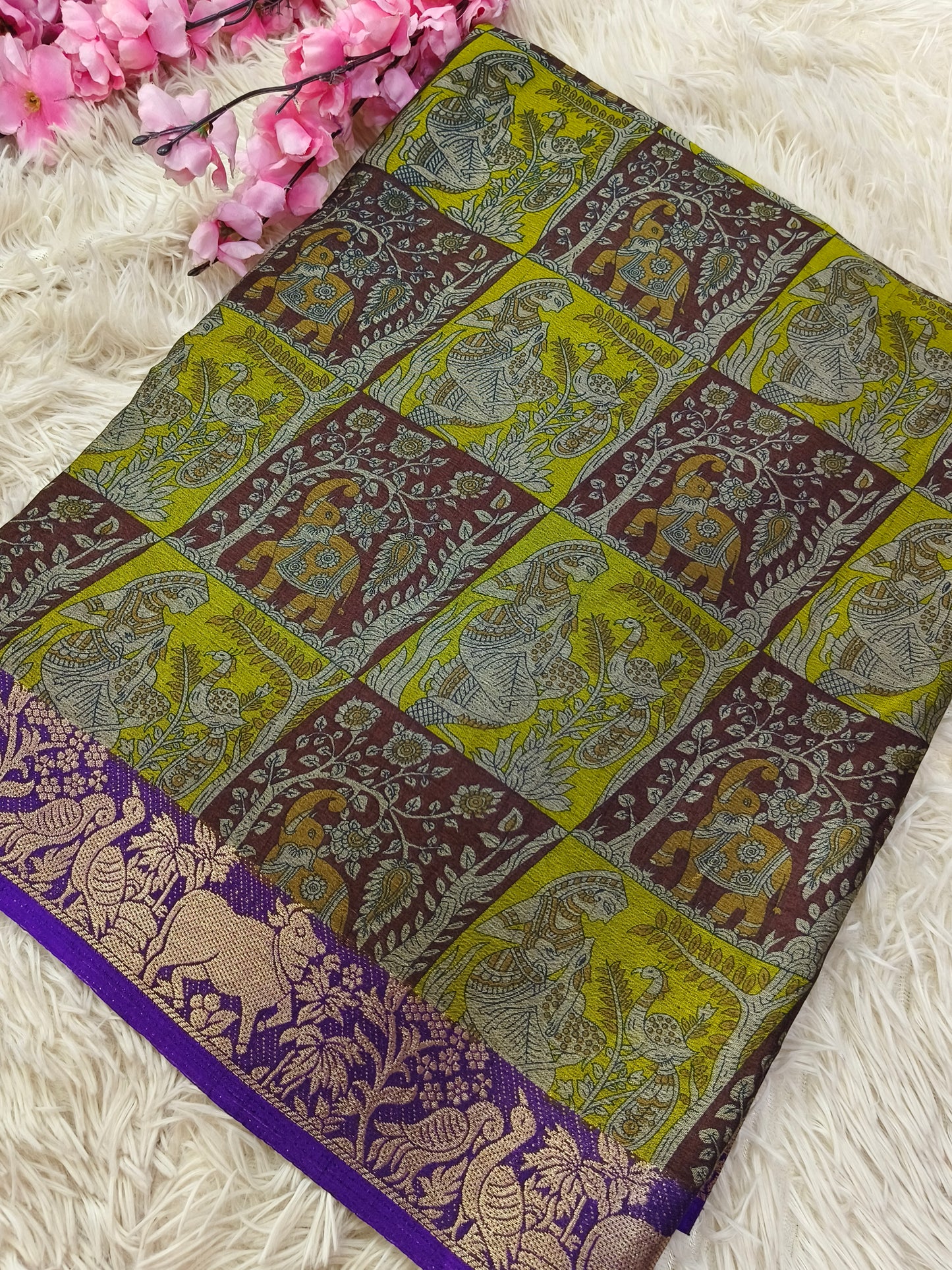 Green Kalamkari Fusion silk saree