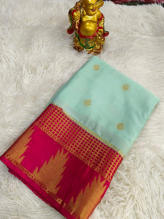 Mint Blue With Pink semi Mysore crepe silk saree
