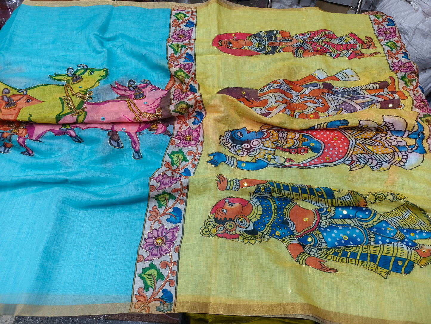 Yellow with sky blue Linen cotton Kalamkari saree