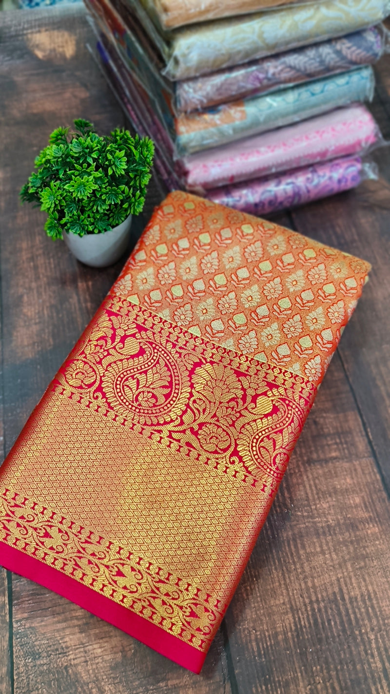 Orange Kanchipuram semi tissue Soft silk saree