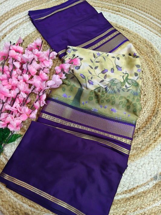 Light Green with Purple Digital printed semi Mysore crepe silk saree