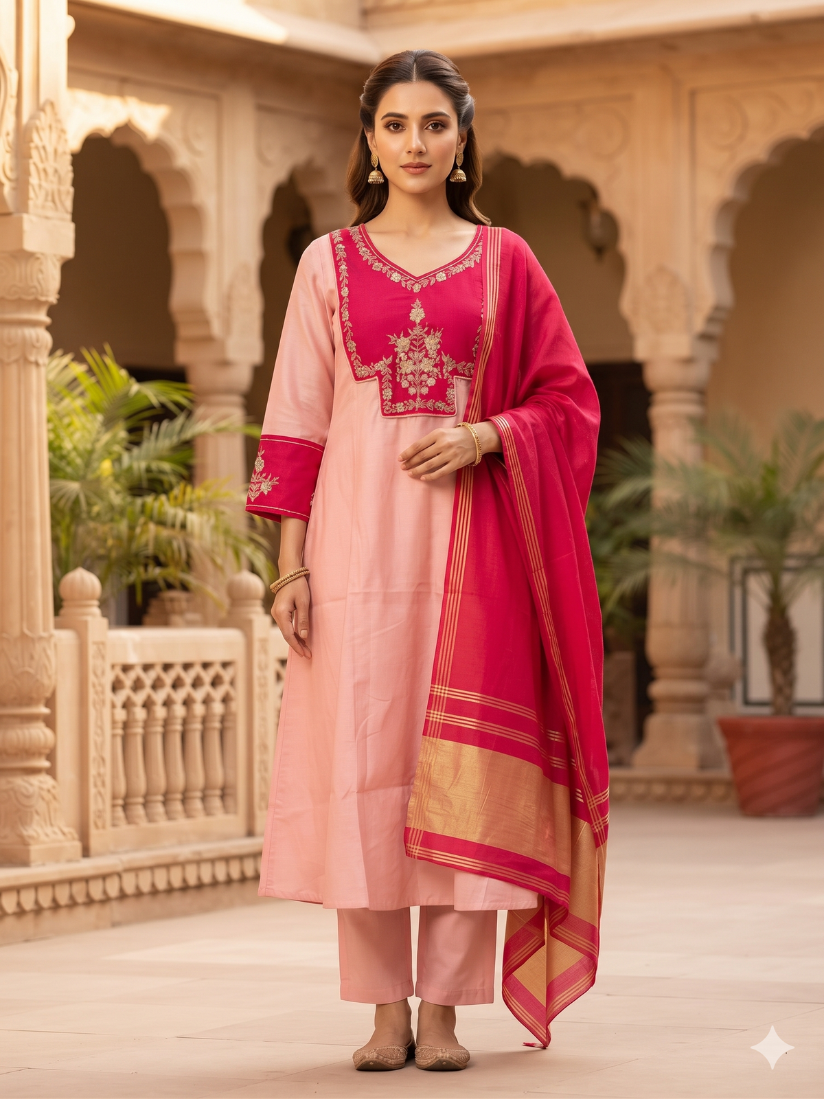 Elegant soft light Pink with Rani Pink Malchanderi A - Line suits