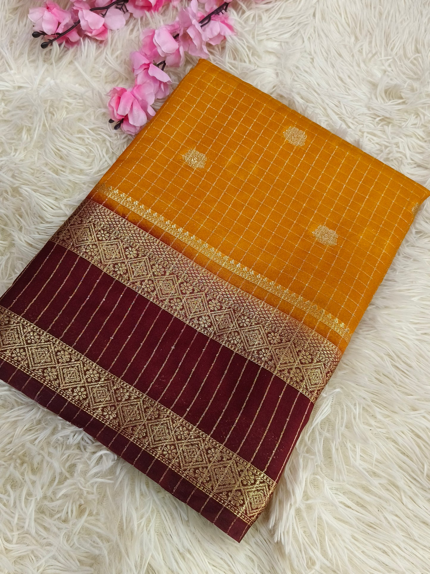 Mustard With Maroon semi Mysore crepe Silk saree